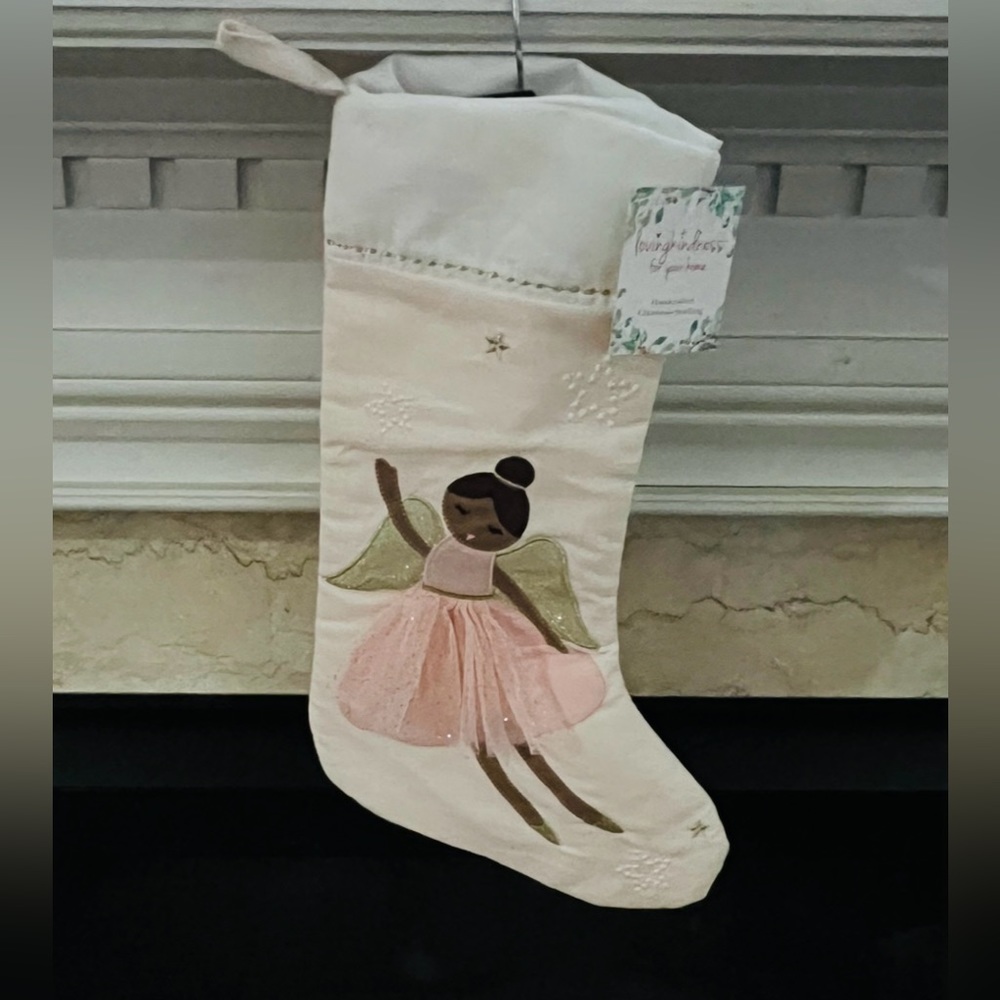 LovingKindness Pink Angel Christmas Stocking (Dark Skin) Handcrafted 19.5”